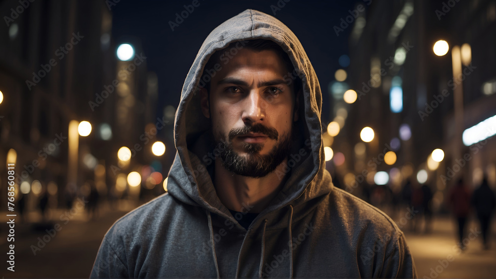 Hoodie wearing man in city at night 