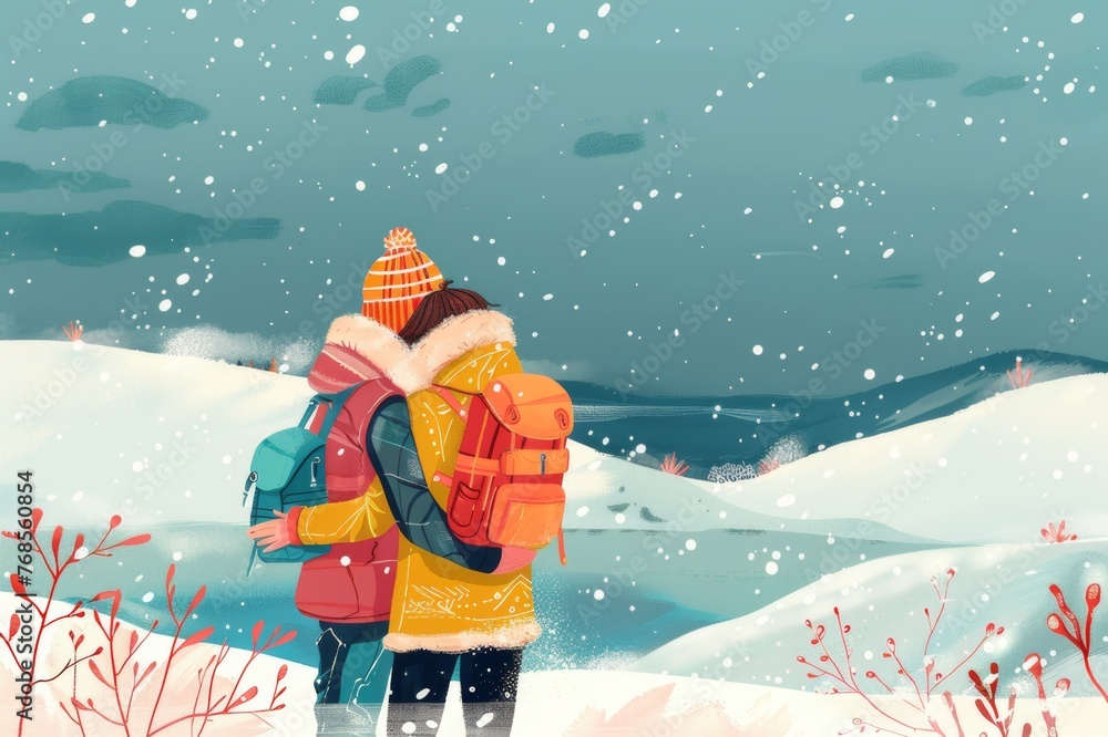 Illustration of a couple sharing a warm embrace amidst a snowy landscape. Illustration of a couple sharing a warm embrace amidst a snowy landscape.
