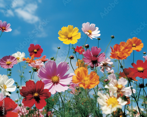 Vibrant summer flowers in full bloom against a clear blue sky © Artem81