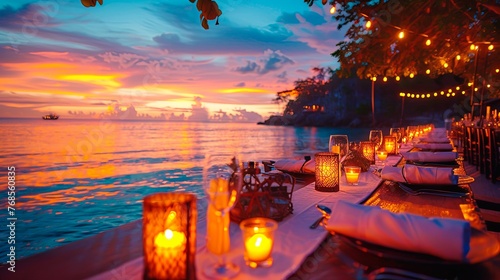 Decorated table reception at beach resort, illuminated by soft candlelight and twinkling fairy lights, setting a romantic ambiance for the night