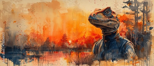 A portrait of a noble dinosaur doctor in a gown, with a compassionate gaze, set against a watercolor sunset , Watercolor © PTC_KICKCAT