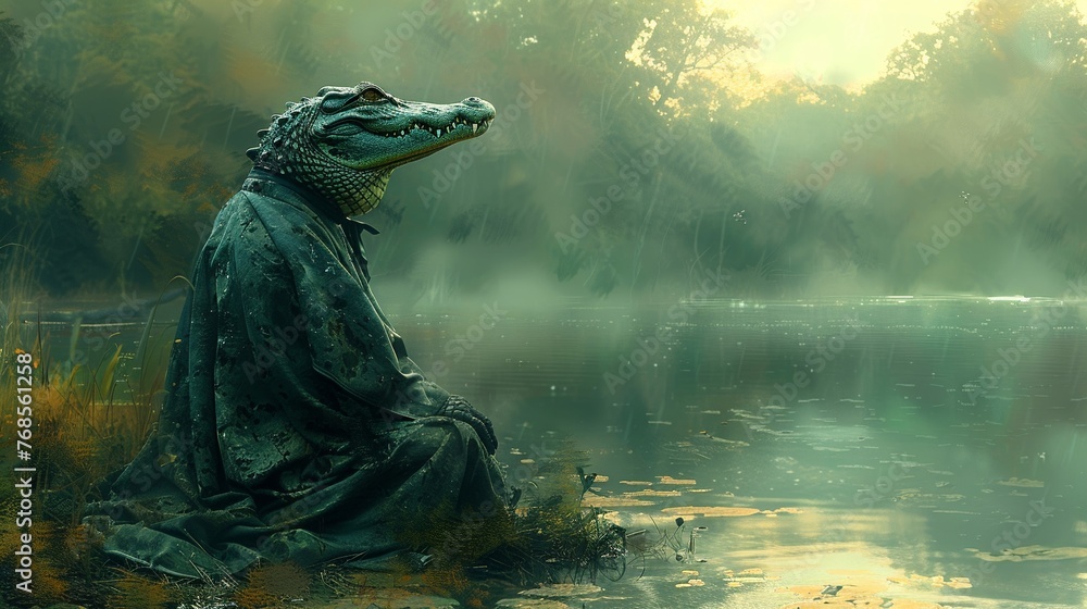 A serene crocodile in a doctors gown, pondering by a misty riverbank, shades of green and blue , vibrant color A serene crocodile in a doctors gown, pondering by a misty riverbank, shades of green and blue , vibrant color