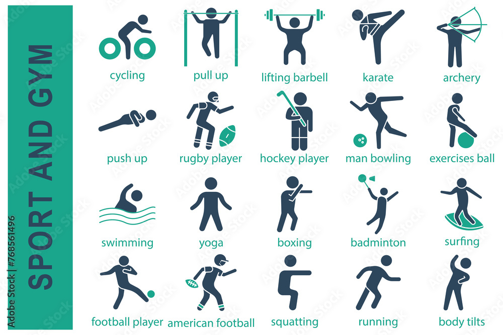 sport icons. sport and gym set icon. swimming, yoga, boxing, badminton, football player, rugby player, hockey player, and more. solid icon style. sport element vector illustration