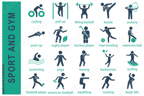 sport icons. sport and gym set icon. swimming, yoga, boxing, badminton, football player, rugby player, hockey player, and more. solid icon style. sport element vector illustration
