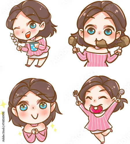 Enjoy your work life with our sweet lady. Pink working girl character vector design set. Hand drawn in various poses,A little girl enjoy eating food, snack, drink, donuts, chicken wink. 