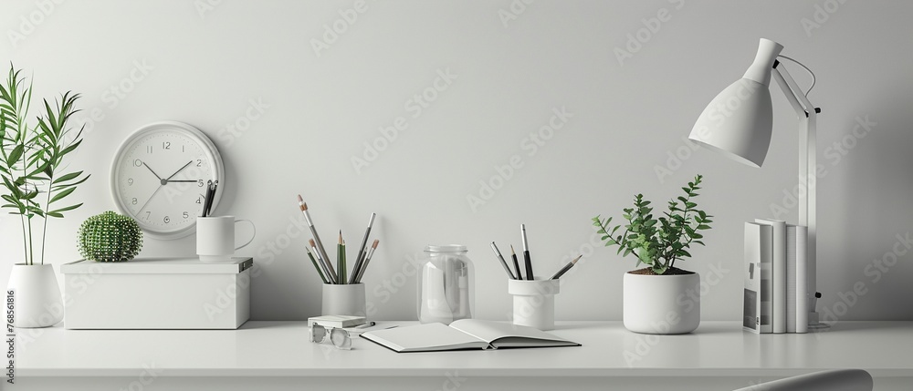 Closeup of a sleek, modern desk accessory set, including a designer lamp, stylish stationary, and a minimalist clock, blending functionality with style , 3D render Closeup of a sleek, modern desk accessory set, including a designer lamp, stylish stationary, and a minimalist clock, blending functionality with style , 3D render