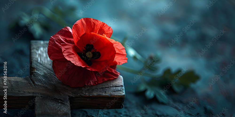 A red remembrance poppy on a wooden cross. generative ai  - obrazy, fototapety, plakaty 