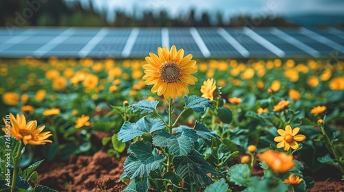 Sunflower in front of solar panels at a farm photo