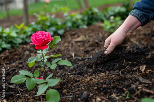 person spreading mulch around a freshly planted rose