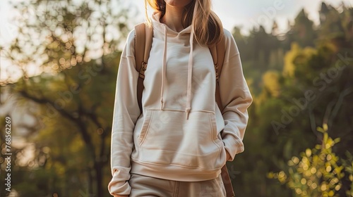 Woman in hoodie enjoying golden hour