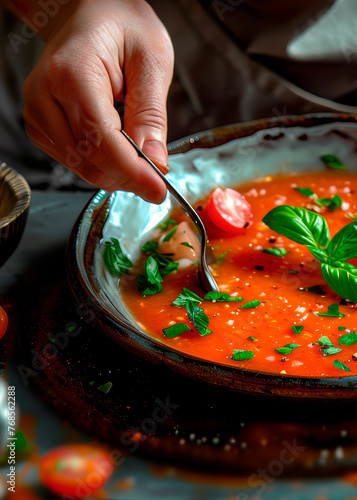 plate with gazpacho soup close-up