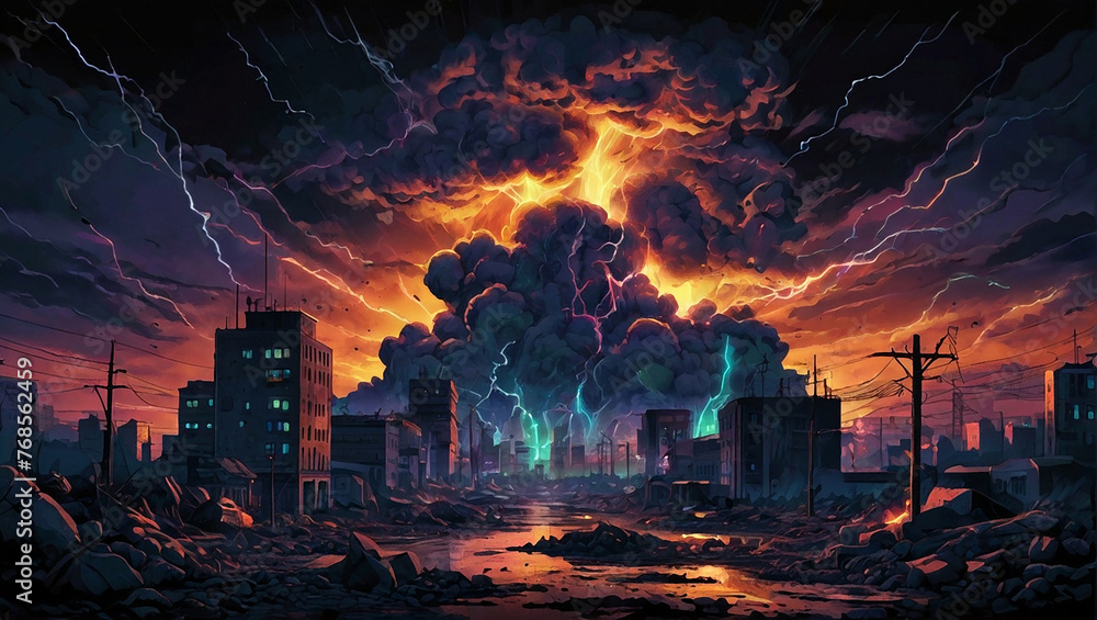 panorama of the ruined city illustration of dark theme panorama of the ruined city illustration of dark theme