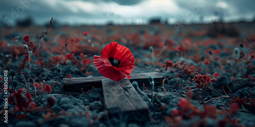 A red remembrance poppy on a wooden cross. generative ai 