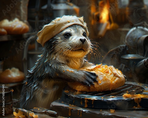 An artisanal seal, wearing a bakera  s hat, pulls a golden loaf from a charcoal stove, in lush watercolor hues , 3D style photo