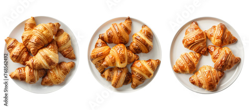 three plates of croissants on a white table with a transparent background.  Generative AI