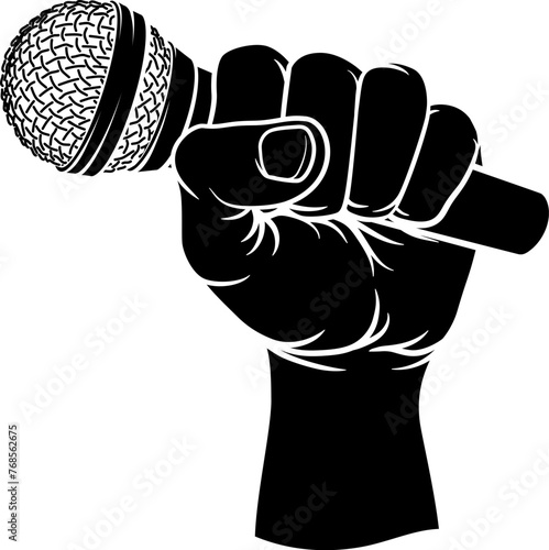 A hand in a fist holding a mic, mike or microphone illustration.