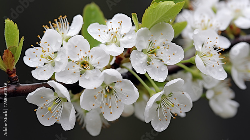 Close-up of white cherry blossoms with droplets against a dark background