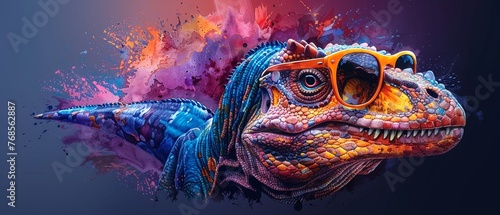 Watercolor masterpiece of a dinosaur in chic glasses, engaged in a video call on a cell phone, with vibrant color explosion , 3D style