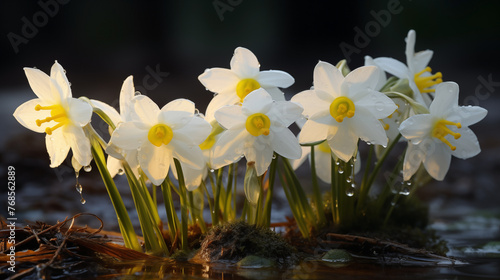 Morning dew adorns a group of white daffodils shining in the early light