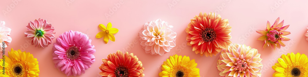 Fototapeta premium A cluster of vibrant flowers in various colors set against a pink background