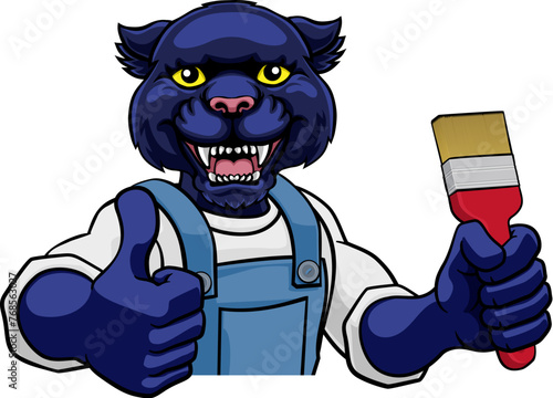 A panther painter decorator cartoon animal mascot holding a paintbrush peeking around a sign and giving a thumbs up photo