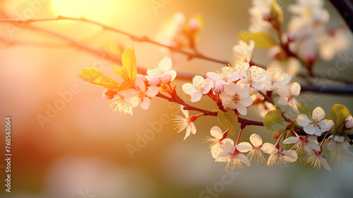 Golden sunset light filters through the delicate petals of blooming plum flowers