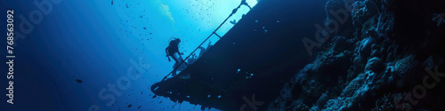 A lone diver investigates the remains of a submerged ship, surrounded by marine life in the deep sea
