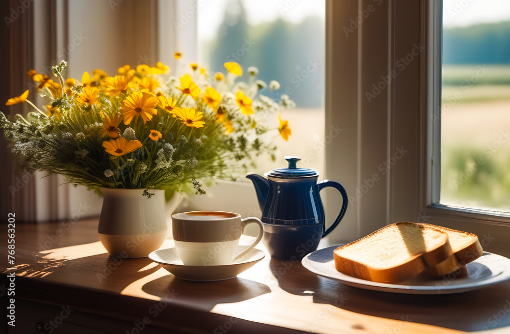 A bouquet of wildflowers, a cup of coffee, toasts and a coffee pot are on the table by the window in the early morning A bouquet of wildflowers, a cup of coffee, toasts and a coffee pot are on the table by the window in the early morning