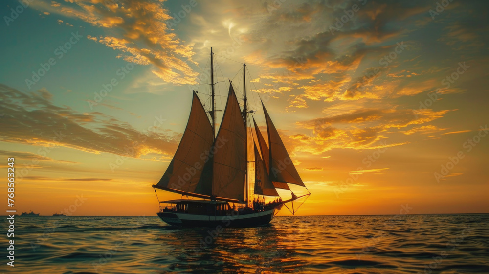 A sailboat with billowing sails glides through the ocean waters during a colorful sunset