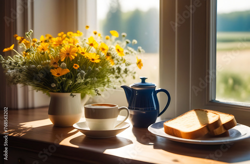 A bouquet of wildflowers  a cup of coffee  toasts and a coffee pot are on the table by the window in the early morning