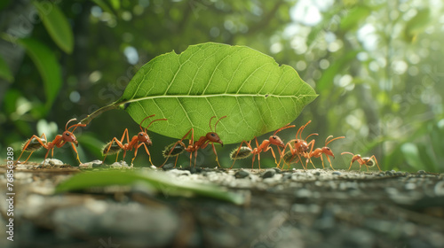 An ensemble of ants march in unison on a single leaf, showcasing their teamwork and determination as they navigate their environment