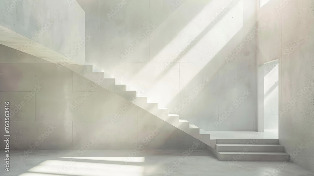 Obraz premium A staircase inside a building with sunlight streaming through the windows, illuminating the steps and creating a warm glow