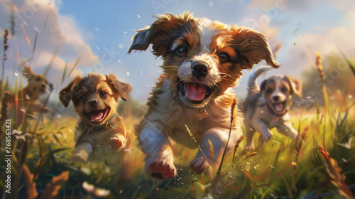 The image captures a single puppy with a joyful expression sprinting toward the viewer, implying movement and freedom