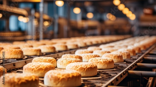 Automated bakery production bread loaves moving on conveyor belt in a modern bakery facility