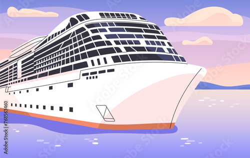 Voyage, sea travel. Resort on cruise liner floating on the ocean. Journey by vessel, cruiser. Sunset light on water surface. People relax on big white ship at summer holidays. Flat vector illustration