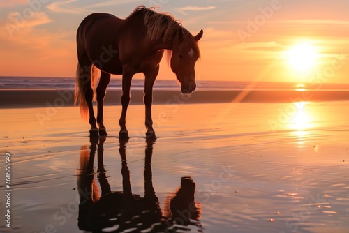 horse with reflection on wet sand at sunrise © studioworkstock