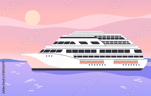 Sea cruise, voyage. Seafaring by vessel, people travel by ocean liner. Big white ship floating on water surface. Luxury cruiser in marine journey. Vacation resort tour. Flat vector illustration