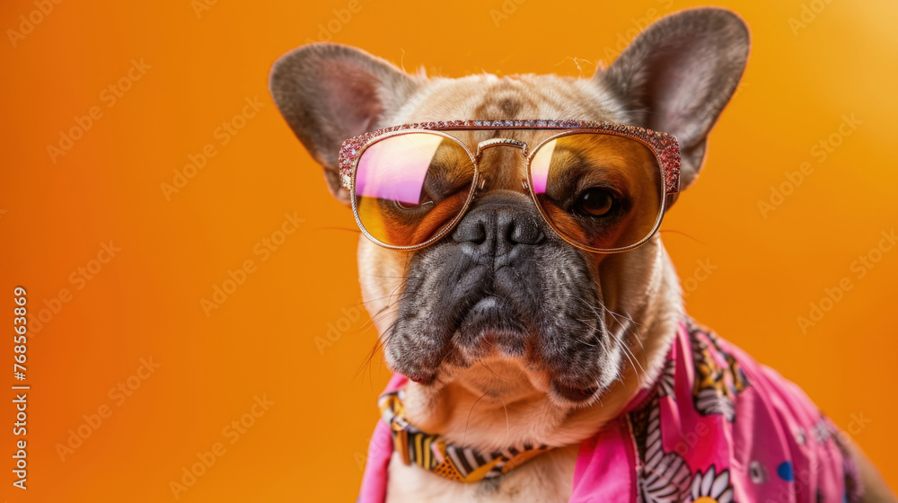 A dog with brown fur is wearing sunglasses and a pink shirt, looking fashionable and trendy