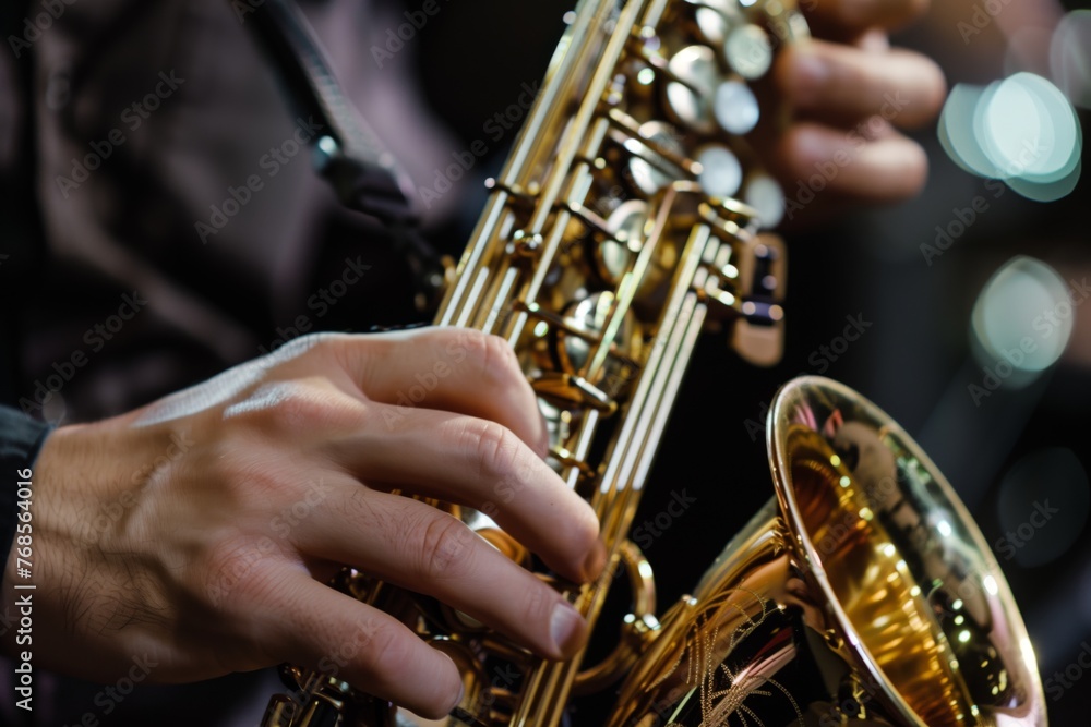 Obraz premium closeup of fingers on sax keys during solo