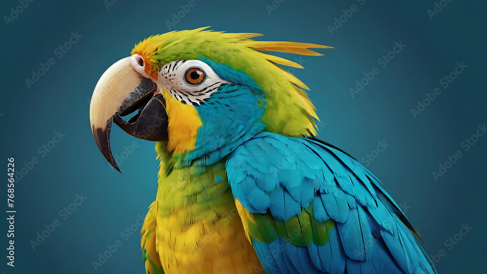 Fototapeta premium a portrait a\of a green parrot with golden feathers in a blue isolated background, cartoon style, Isolated
