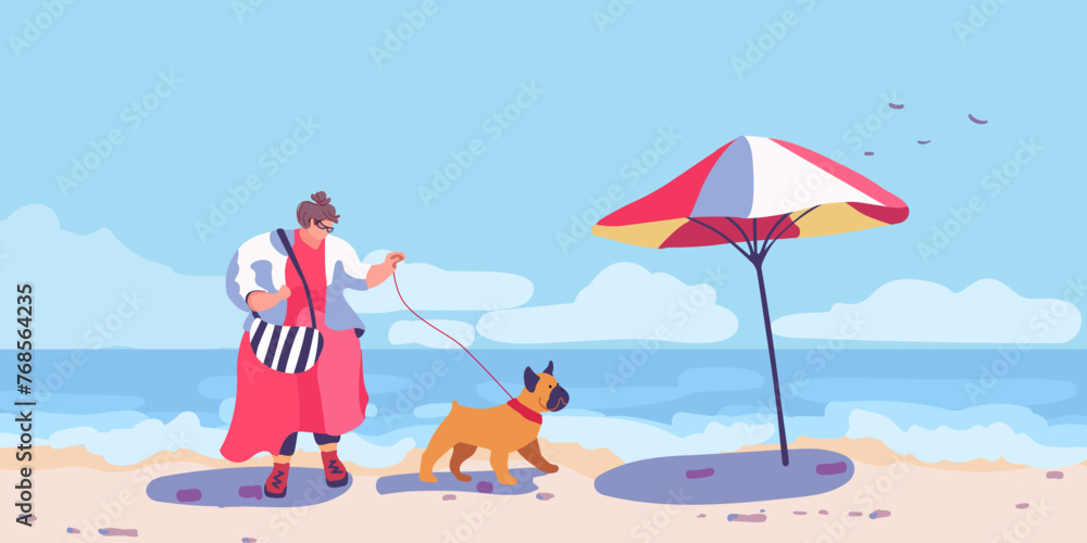 An overweight woman in a fashionable red dress and a bulldog walk towards a beach umbrella on the beach. Lifestyle on sea vacation resort. Pet friendly. Ocean coast. Maldives Relax. Flat vector