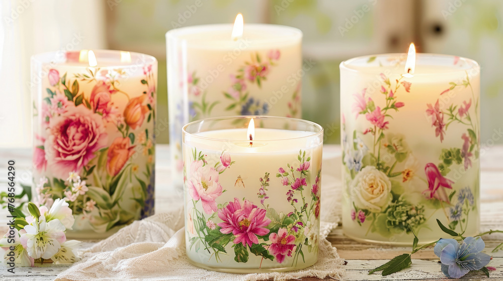 A group of three candles positioned on top of a wooden table A group of three candles positioned on top of a wooden table