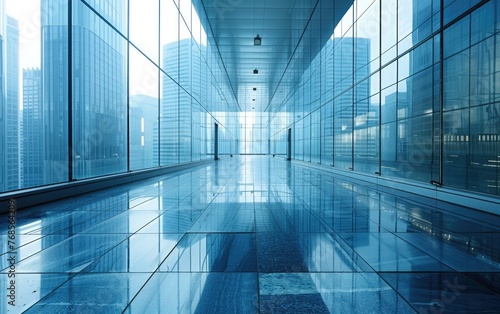 Modern glass corridor in a business skyscraper with reflections and perspective view.