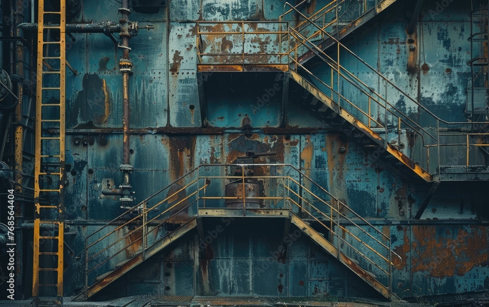 Rusty industrial metal staircase on a weathered blue wall, with yellow railings, depicting urban decay.