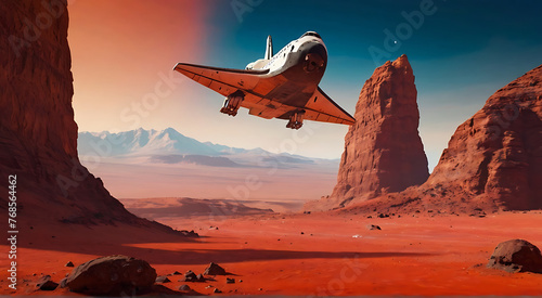 a space shuttle landing on the surface of mars planet which has a red colored atmosphere and red rocks and mountain in the environment, landing