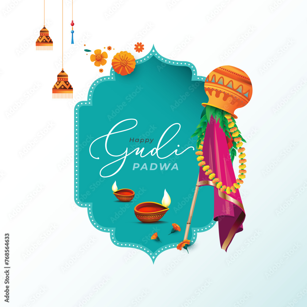 Happy Gudi Padwa Festival Greeting Background Template - obrazy, fototapety, plakaty 