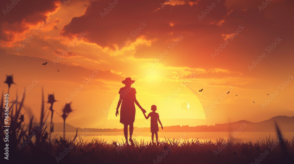 A woman and a child are walking together on a beach at sunset