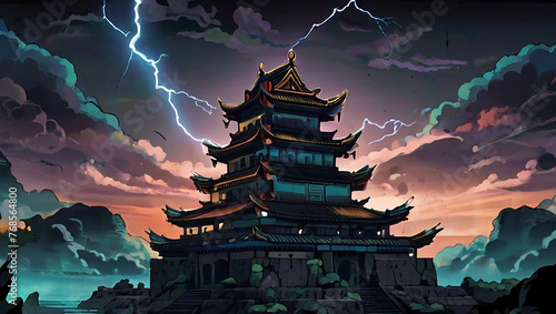 Temple ruins in an ancient asia citys Illustration