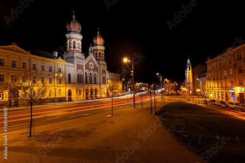 A beautiful view of the night city of Pilsen in the Czech Republic