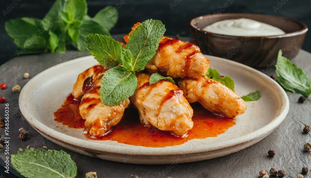 Chicken strips served with tomato sauce and mint leaves. Chicken strips served with tomato sauce and mint leaves.